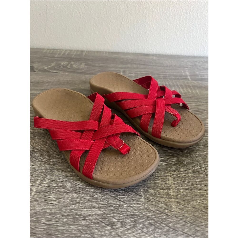 New Vionic Tia Red Stretch Strappy Toe Loop Sandals Orthotic Comfort Women’s 6